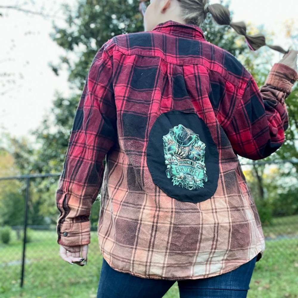 Custom Upcycled Flannel. Hand Bleached. Freddy Krueger. St. John’s Bay Medium.